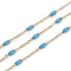 Небесно-голубой Ионное покрытие (ip) 304 кабельные цепи из нержавеющей стали, с эмалевыми овальными бусинами, пайки, с катушкой, Плоско-овальные, золотые, голубой, 5x2.5 мм, ссылка: 2x1.6x0.3 mm, около 32.8 футов (10 м) / рулон