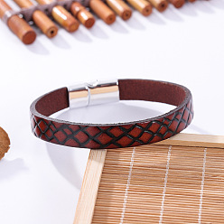 Кокосово-Коричневый Браслеты из искусственной кожи с тиснением, Ювелирные изделия из сплава с магнитной застежкой для мужчин, платина, ромб, платина, кокосового коричневый, 8.46 дюйм (21.5 см)