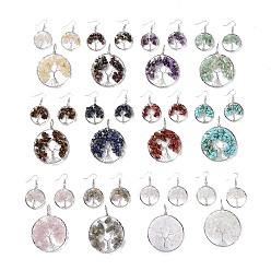 Смешанные камни Комплекты ювелирных изделий из латуни, большие подвески и подвесные серьги, с натуральным и синтетическим смешанным камнем, платина, Кольцо с деревом жизни, 63~67x49~51x1.5~10 мм, отверстие : 4x5 мм, 50~55x28~30x1.5~8 мм, штифты : 0.8 мм