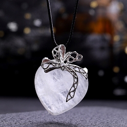 Quartz Crystal Natural Quartz Crystal Pendants, Rock Crystal Heart Charms with Platinum Plated Metal Bowknot, 40x30mm