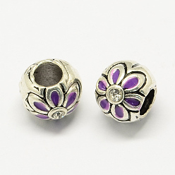 Темная Орхидея Сплав горный хрусталь эмаль стиль европейские шарики, крупные отверстия круглые бусины с цветком, темные орхидеи, 10x9 мм, отверстие : 4.5 мм