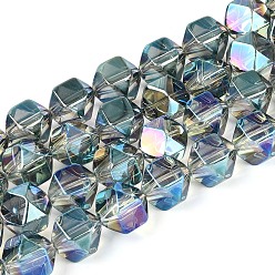 Кадет Синий Стеклянные бусины с гальваническим покрытием , многоугольник, граненые, с половиным покрытием, кадетский синий, 11~12x10.5~11x9 мм, отверстие : 0.9~1 мм, около 59~60 шт / нитка, 26.38~26.77'' (67~68 см)