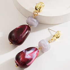 Фиолетовый Серьги-гвоздики из сплава и смолы, самородки с ронделем, золотые, фиолетовые, 70x20 мм