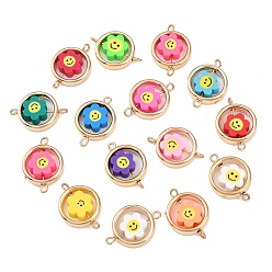 Золотой Пластиковая рамка ccb с полимерной глиной, бусины в виде улыбающегося лица, цветочные подвески с плоскими круглыми звеньями, с латунными двойными петлями, разноцветные, золотые, 21x15x4.5 мм, отверстие : 1.6 мм