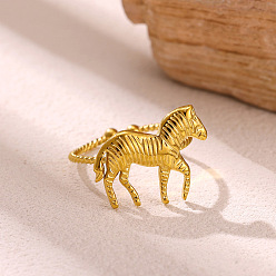 Zebra 304 Stainless Steel Cuff Open Rings, Golden, Zebra, 17mm