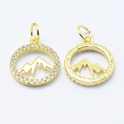 Golden Brass Micro Pave Cubic Zirconia Pendants, Lead Free & Nickel Free & Cadmium Free, Hollow Flat Round with Mountain, Golden, 14x12x2mm, Hole: 3.5mm