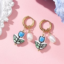 Золотой Подвески ручной работы из фарфора и натурального культивированного пресноводного жемчуга ко Дню святого Валентина., цветок, золотые, 37x15 мм