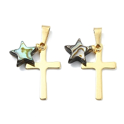 Star Natural Paua Shell Pendants, 304 Stainless Steel Cross Charms, Golden, Star, 13x9x3mm, Hole: 6x3mm