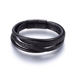 Gunmetal Leather Cord Multi-strand Bracelets, with 304 Stainless Steel Magnetic Clasp, Rectangle, Gunmetal, 7-7/8 inch(20cm), 12x6mm