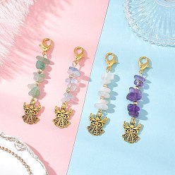 Смешанные камни 4 шт. подвесные украшения в виде ангела из сплава в тибетском стиле, с натуральным аквамарином, белым лунным камнем, аметистом и зеленым авантюрином, а также застежками-лобстерами из цинкового сплава, 70~72 мм