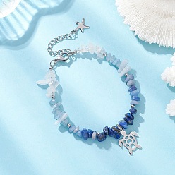 Turtle Браслет из натуральных смешанных драгоценных камней с бусинами, 304 Браслет с подвесками из нержавеющей стали для женщин, черепаха, 7-1/8 дюйм (18 см)