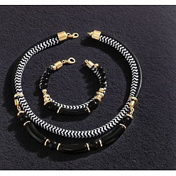 Золотой Комплект из ожерелья и браслета из сплава полиэстера, черного и белого цвета., Модные украшения для женщин с золотистыми акцентами, регулируемые., золотые, 16.54 дюйм (42 см)