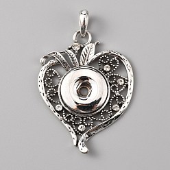Antique Silver Alloy Rhinestone Hang Snap Base Pendant for Interchangeable Snap Charms Jewelry Making, Heart, Antique Silver, 52x39x5mm, Hole: 6x5mm, Button Hole: 9x4mm