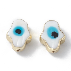 Weiß Messing Perlen, mit Emaille, echt 18 k vergoldet, hamsa hand/hand von miriam mit bösem blick, weiß, 15.5x12x6 mm, Bohrung: 1~1.8 mm