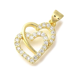 Настоящее золото 18K Латунные микропаве прозрачные подвески с фианитом, сердце прелести, реальный 18 k позолоченный, 17x16x3.5 мм, отверстие : 4x3 мм