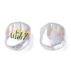 Gold ABS Plastic Imitation Pearl Beads, with Enamel, Oval with Flower, Gold, 21x15x7mm, Hole: 1.2mm