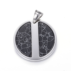 Stainless Steel Color 304 Stainless Steel Pendants, Flat Round, with Natural Howlite, Dyed, Stainless Steel Color, 32x2.5mm, Hole: 7x5mm