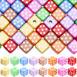 Mixed Color 48Pcs 8 Colors Printed Opaque Acrylic Beads, Cube with Polka Dot Pattern, Mixed Color, 14x14x14mm, Hole: 3.8mm,