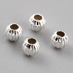 Посеребрённый Долговечные латунные бусины, гофрированные шарики, круглые, 925 серебро покрытием, 3x2.5 мм, отверстие : 1.2 мм