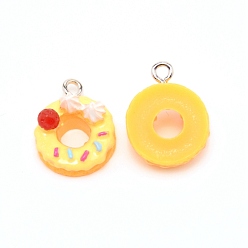 Champagne Yellow Resin Pendants, with Platinum Iron Loop, Imitation Food, Donut, Champagne Yellow, 19x14.5x9.5mm, Hole: 2mm