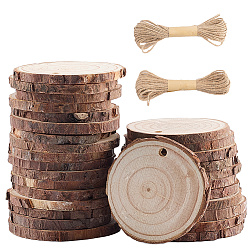 Цвет Древесины 30 шт. плоские круглые необработанные подвески из древесной щепы, 20джутовый шнур, деревесиные, 56.5~60x51.5~55.5x5.5 мм, отверстие : 3.5 мм