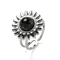 Нержавеющая Сталь Цвет Солнце 304 открытые манжеты из нержавеющей стали, кольца на палец с синтетической бирюзой для женщин и мужчин, цвет нержавеющей стали, регулируемый