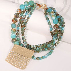 Квадрат Многослойные ожерелья из круглых акриловых бусин с подвеской из сплава для женщин, золотые, бирюзового цвета, квадратный, 20.47 дюйм (52 см), Кулон : 74x72 мм