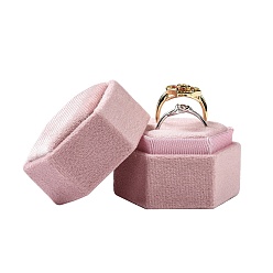 Pink Бархат кольца коробки, шестиугольник, розовые, 4.3x4.9x4.3 см