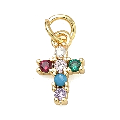 Разноцветный Латунные микро проложить кубического циркония подвески, крест прелести, без свинца и без кадмия, стойки покрытие, долговечный, реальный 18 k позолоченный, красочный, 12x7.5x2.5 мм, Перейти кольцо: 5x0.9 мм, 3.2 мм внутренним диаметром