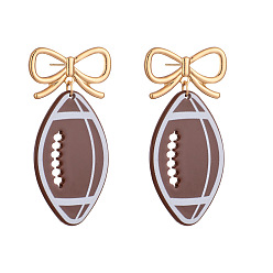 Кокосово-Коричневый Акриловые болтаться серьги стержня, регби с бантом, золотые, кокосового коричневый, 55x28 мм