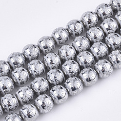 Silver Electroplate Glass Beads Strands, Round with Flower Pattern, Silver, 8x7.5mm, Hole: 1.2mm, about 40pcs/strand, 11.8 inch