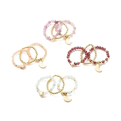 Смешанные камни 3Штук 3 Набор эластичных колец из натурального драгоценного камня и синтетического гематита, кольца с луной и латунной звездой для женщин, золотые, размер США 10 1/4 (19.9 мм), 1 шт / стиль