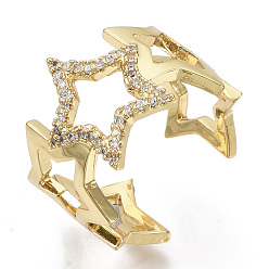 Настоящее золото 16K Латунные микро проложить манжеты кольца кубического циркония, открытые кольца, без никеля , звезда, прозрачные, реальный 16 k позолоченный, Размер 7, внутренний диаметр: 17 мм