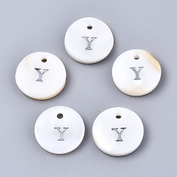 Letter Y Natural Freshwater Shell Pendants, with Platinum Plated Iron Etched Metal Embellishments, Flat Round with Initial Letter, White, Letter.Y, 11x2mm, Hole: 1.5mm