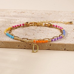 Letter D 304 Браслеты из нержавеющей стали с подвесками в виде букв, двухслойные, Эластичные браслеты из смоляных бусин для женщин, золотые, Буква D, 6.50 дюйм (16.5 см) ~ 6.69 дюйм (17 см)