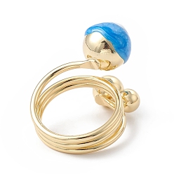 Deep Sky Blue Enamel Round with Evil Eye Finger Rings, Real 18K Gold Plated Brass Wrap Style Ring for Women, Deep Sky Blue, 5.5~19.5mm, Inner Diameter: 18mm