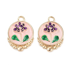 Pink Латунь эмаль подвески, без кадмия, без никеля и без свинца, реальный 18 k позолоченный, плоская круглая с подвеской в виде цветка, розовые, 32.5x22.5x4.5 мм, отверстие : 3 мм