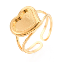 Настоящее золото 18K 304 компоненты манжетного кольца из нержавеющей стали, установка кольца в форме сердца, ионное покрытие (ip), реальный 18 k позолоченный, лоток : 7.8x10 мм, 12 мм, внутренний диаметр: 17 мм