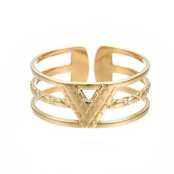 Golden 304 Stainless Steel Initial Letter V Open Cuff Ring, Chunky Hollow Ring for Women, Golden, US Size 7 3/4(17.9mm)