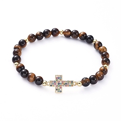 Tiger Eye Round Natural Tiger Eye Stretch Beaded Bracelets, with Brass Micro Pave Cubic Zirconia Links, Brass Beads and Cardboard Boxes, Cross, 2-1/8 inch(5.5cm)