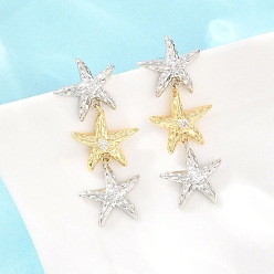 Platinum & Golden Brass Micro Pave Cubic Zirconia Dangle Stud Earrings, Starfish, Lead Free & Cadmium Free, Long-Lasting Plated, Rack Plating, Platinum & Golden, 42.5x16.5mm