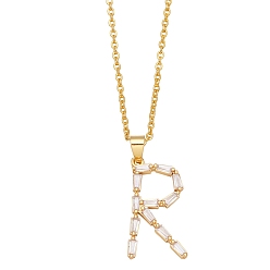 Letter R Unisex Brass Micro Pave Clear Cubic Zirconia Pendant Necklaces with Cable Chain, Letter, Letter R, 17.72 inch(45cm)
