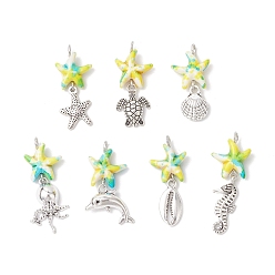 Желто-Зеленый 7 шт. 7 стили окрашенные синтетические бирюзовые морские звезды и сплав морских животных подвески, морские подвески с петлями из медной проволоки, античное серебро, желто-зеленый, 27~37x14~18x5 мм, отверстие : 2.5 мм, 1 шт / стиль