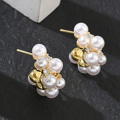 Настоящее золото 18K Серьги-гвоздики из латуни с микропаве из кубического циркония для женщин, серьги-кольца, с ABS имитации жемчуга, стойки покрытие, долговечный, без свинца и без кадмия, реальный 18 k позолоченный, 20x9 мм