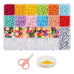 Color mezclado Diy jewelry making kits, incluyendo 6/0 cuentas de semillas de vidrio para pintura para hornear, cuentas de plástico abs, granos de la arcilla del polímero, Abalorios de acrílico, hilo de cristal elástico y tijeras de acero inoxidable, color mezclado, cuentas: 2395~2635 piezas / juego