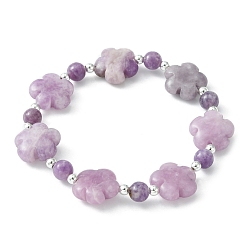 Mixed Stone Natural Phosphosiderite & Lepidolite & Synthetic Hematite Flower Beaded Stretch Bracelet, Inner Diameter: 2 inch(5.2cm)