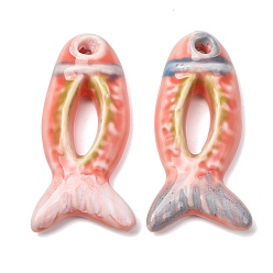 Salmon Handmade Porcelain Big Pendants, Hand Painted, Famille Rose Porcelain, Fish Charms, Salmon, 65x32x10mm, Hole: 5.5mm