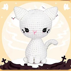 Белый Набор для начинающих по вязанию крючком кошачьих кошек своими руками, включая пряжу, инструкция, Пластиковый маркер для запирания петель, глазки и крючки, иглы, стальная игла, белые, 11.4x4.5 см