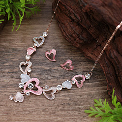 Pink Комплекты из серег-гвоздиков и ожерелий с подвесками из сплава в форме сердца со стразами и эмалью для женщин, розовые, 420 мм