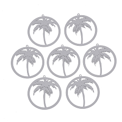 Light Grey 430 Stainless Steel Filigree Pendants, Spray Painted, Etched Metal Embellishments, Ring with Coconut Tree, Light Grey, 37x35x0.5mm, Hole: 1.4mm